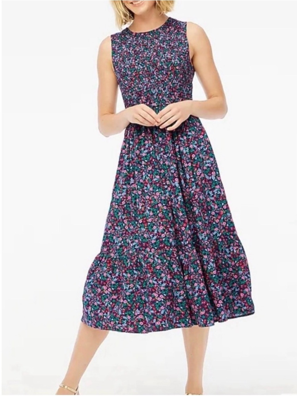 J. Crew Navy Floral Sleeveless Midi Dress with Pink & Teal Accents